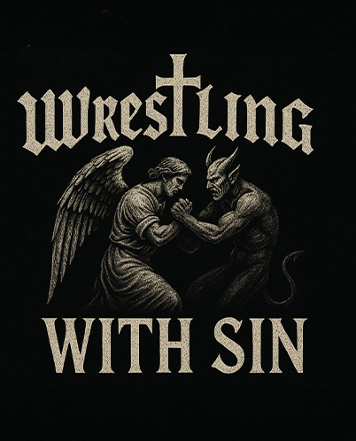 A dramatic illustration depicts an angel and a devil engaged in a fierce struggle, symbolizing the conflict between good and evil.