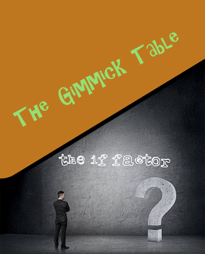 A man in a suit stands pondering in front of a large question mark, representing the concept of "The Gimmick Table" and its intriguing possibilities.